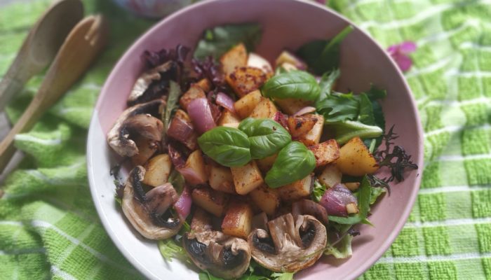 Crispy Potato Hash in a pink bowl