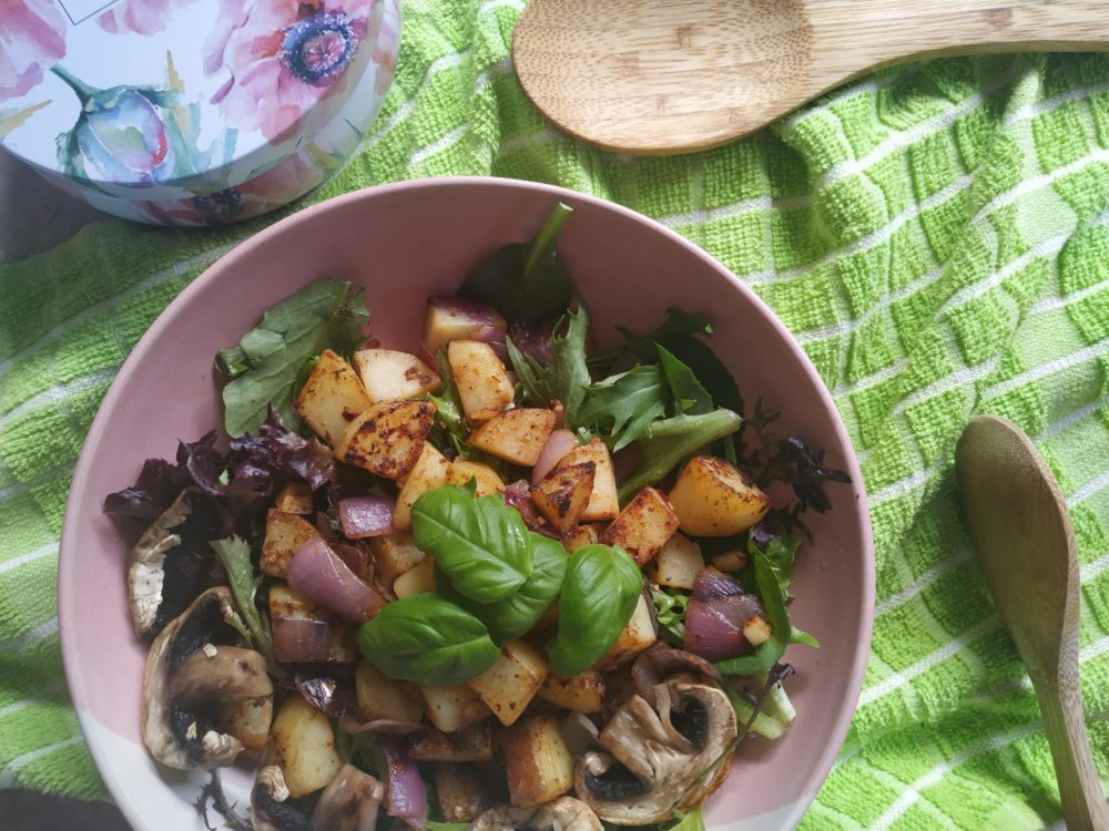 Crispy Potato Hash in a pink bowl