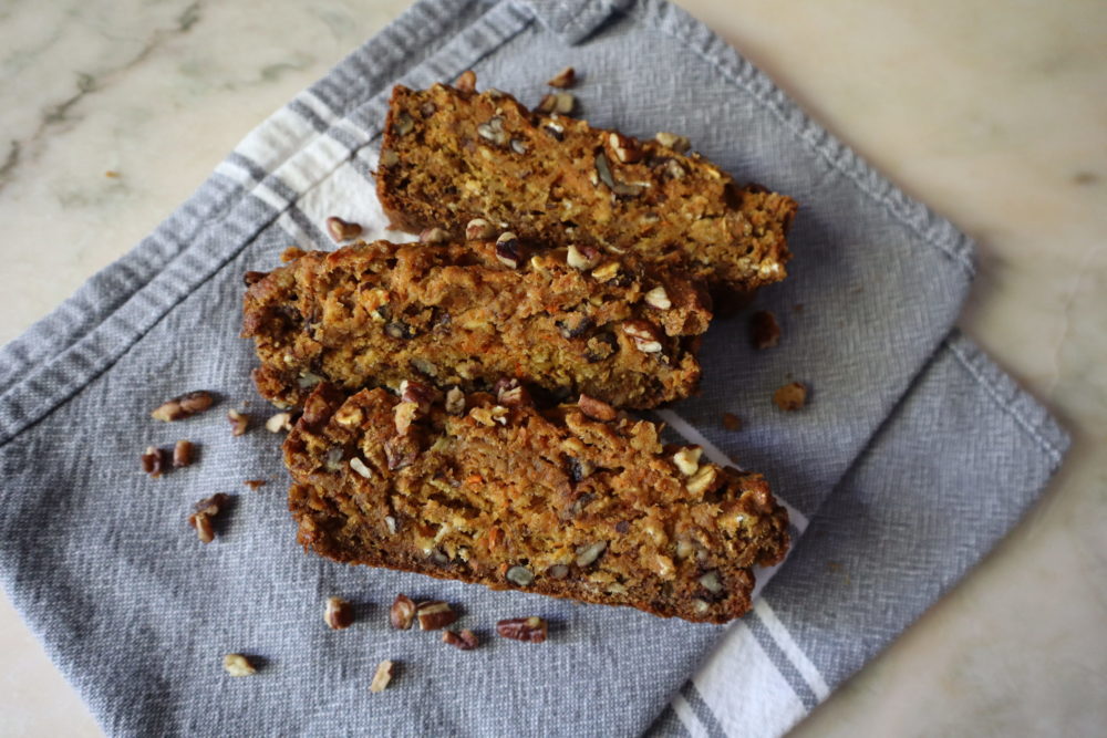 Carrot Pecan Bread on a blue dish towel