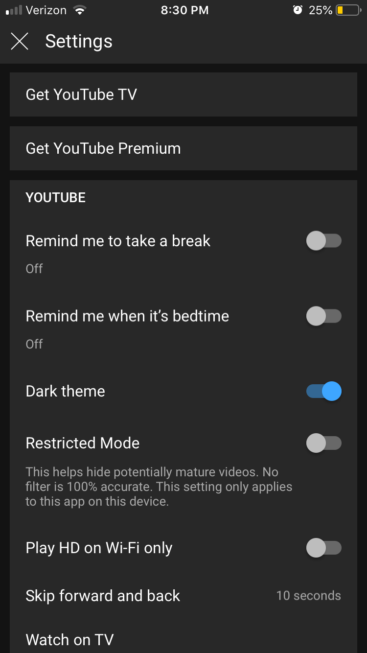 YouTube app in darkmode