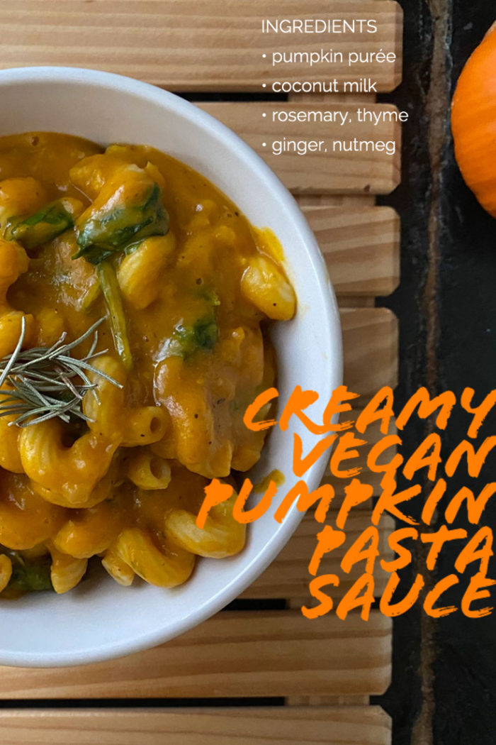 creamy vegan pumpkin pasta sauce with overlayed caption