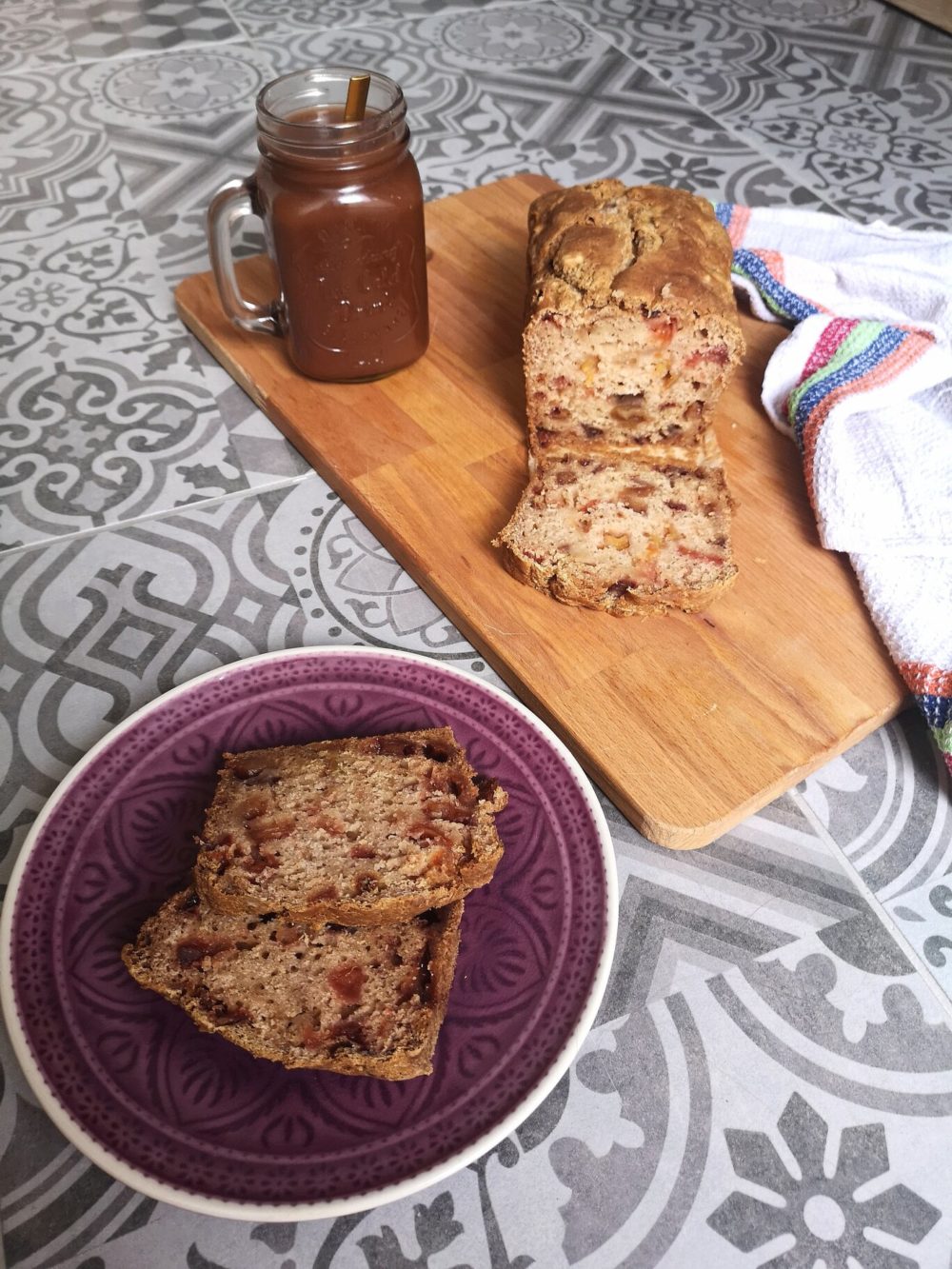 vegan cinnamon apple pear bread on a purple plate