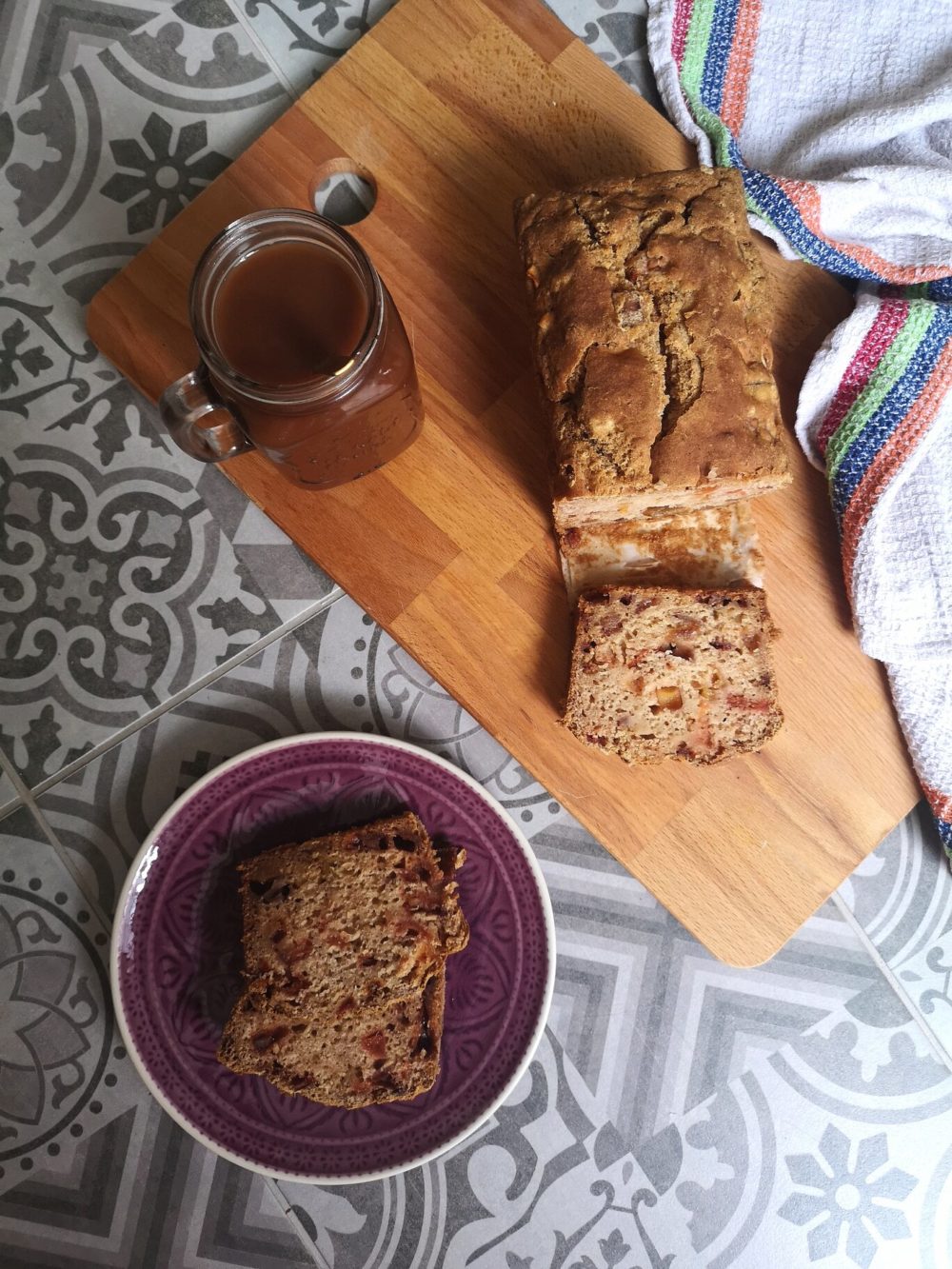 vegan cinnamon apple pear bread on a purple plate