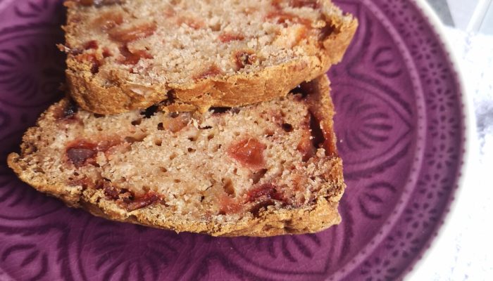 vegan cinnamon apple pear bread on a purple plate
