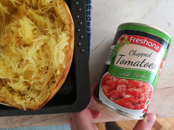 spaghetti squash and a can of chopped tomatoes