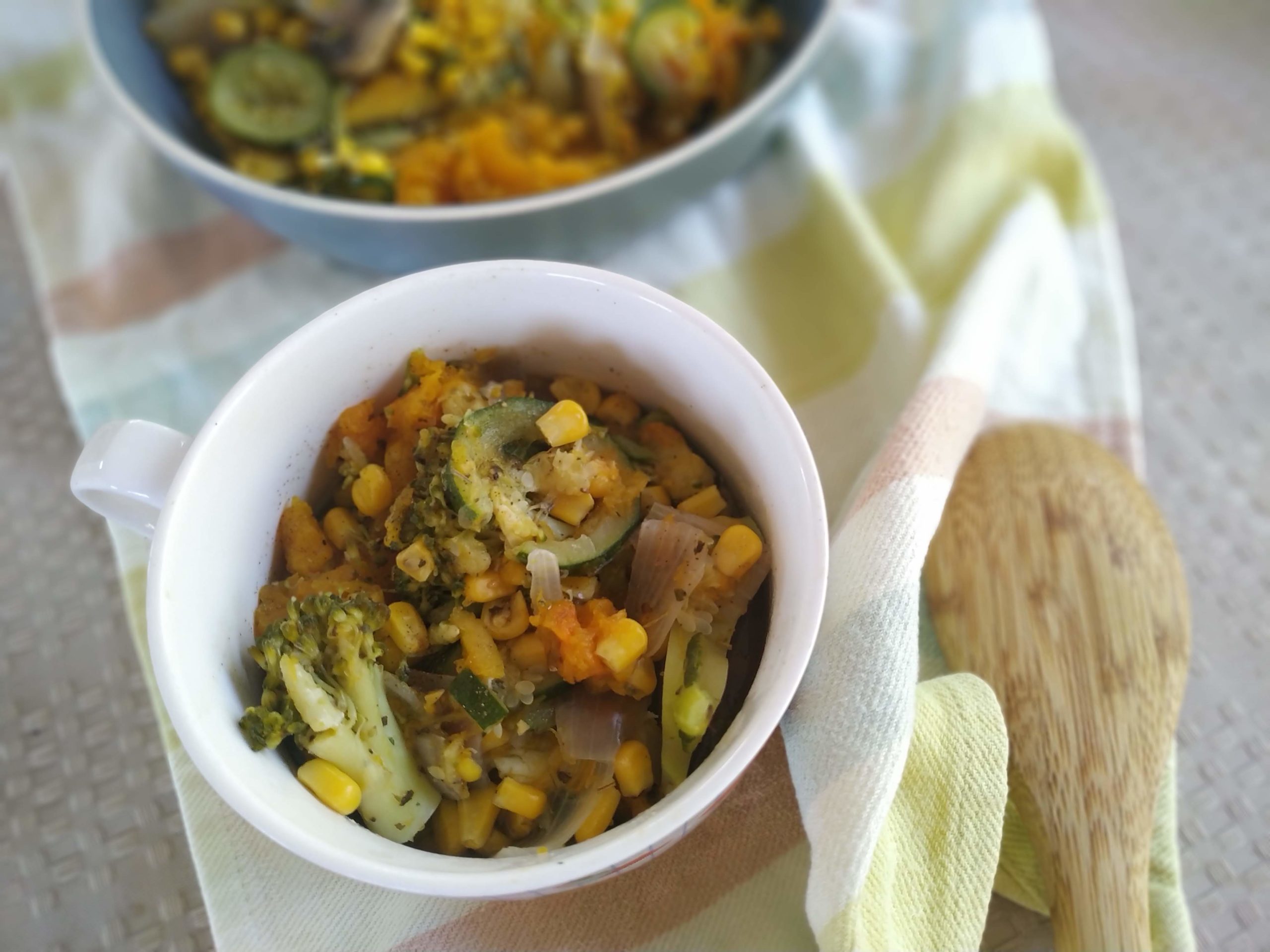 pumpkin stew with broccoli, corn, and mushrooms