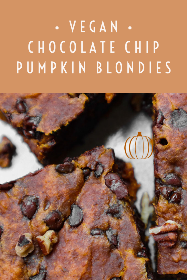 vegan chocolate chip pumpkin blondies with overlayed caption