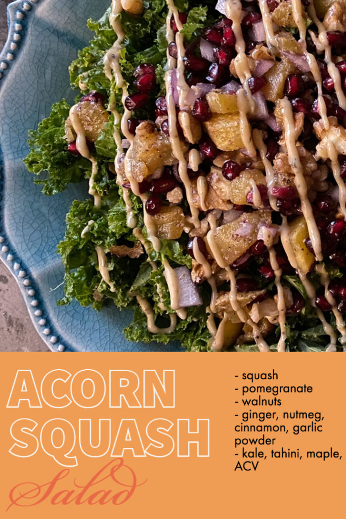 Acorn squash salad on a blue plate with overlayed caption