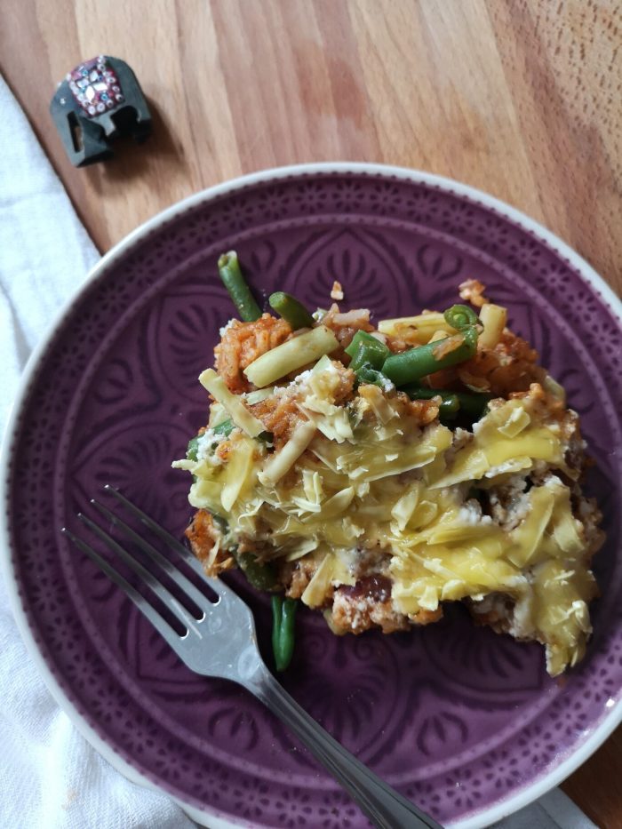 vegan green bean casserole on a plate on a table