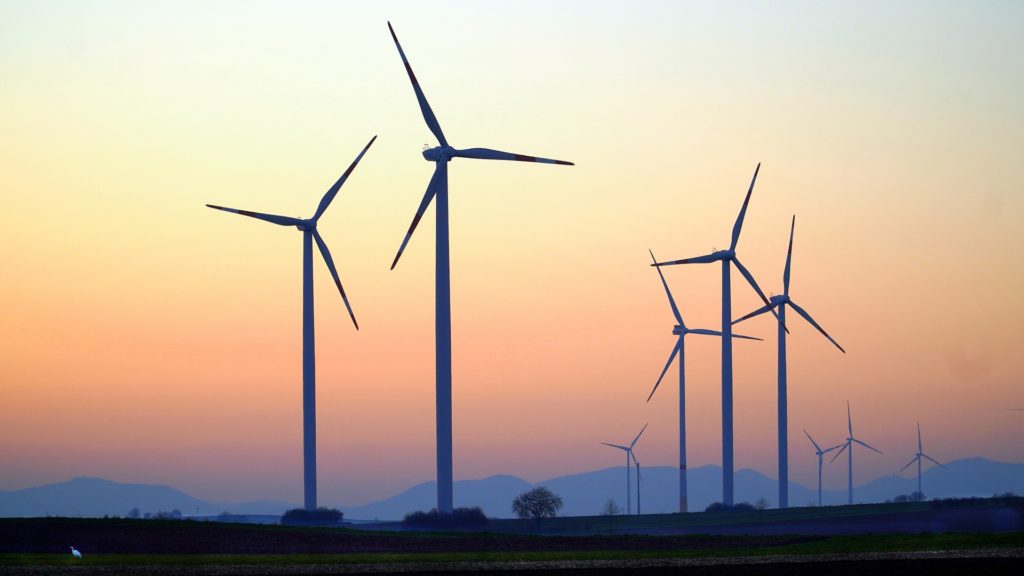 A windfarm at dusk