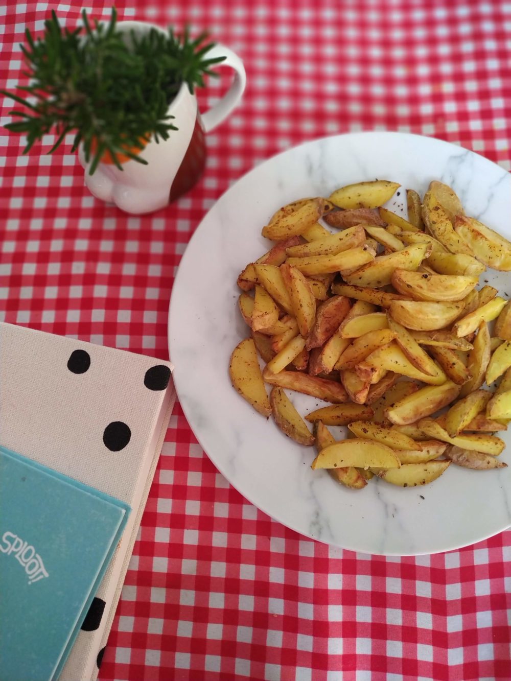 homemade vegan french fries on a picnic table