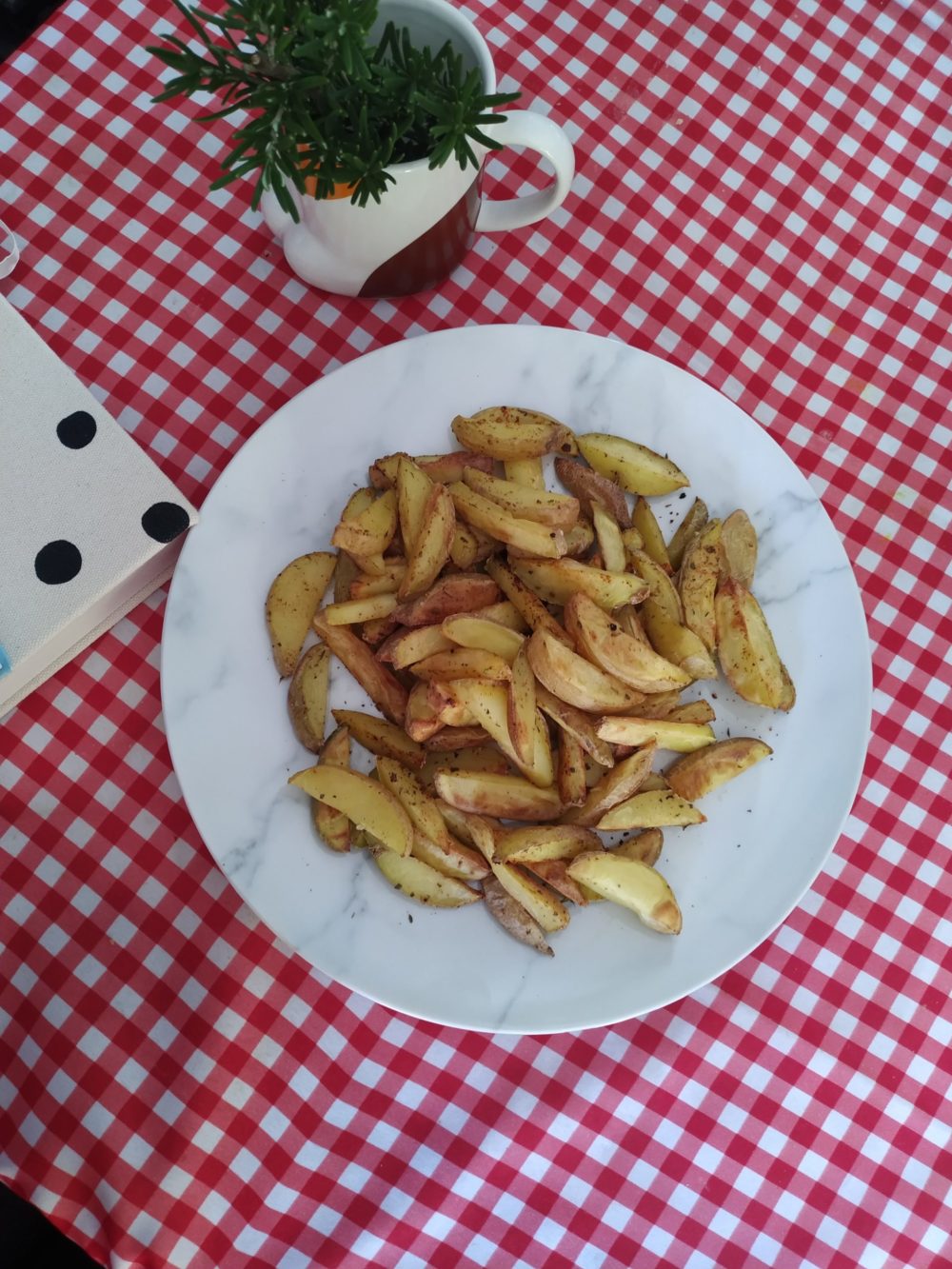 homemade vegan french fries on a picnic table