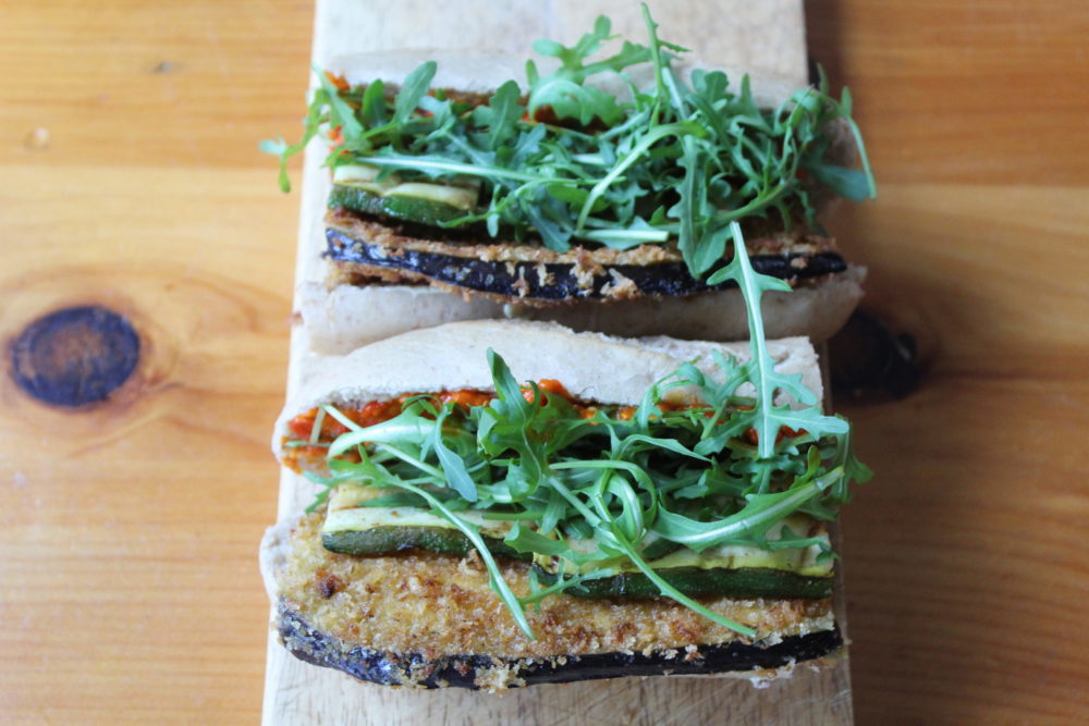 Italian Eggplant Sub on a wooden surface