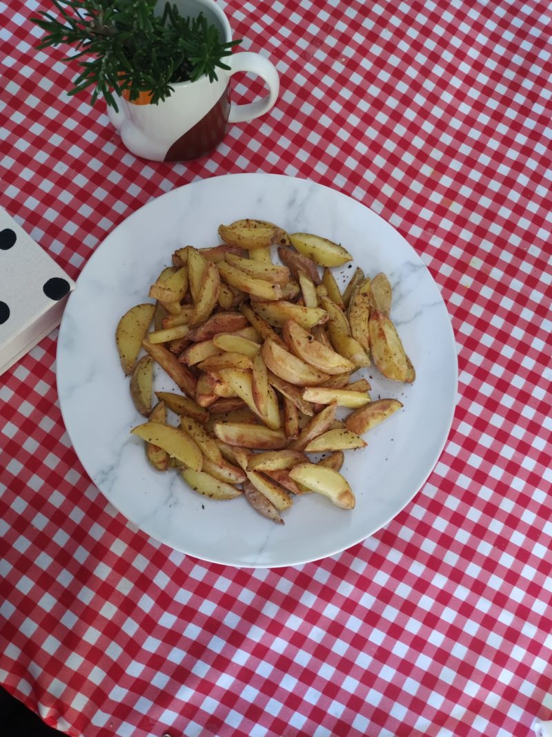 homemade vegan french fries on a picnic table