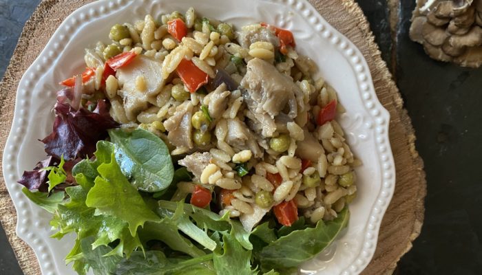 mushroom pea orzo in a white dish against a browmn and black background