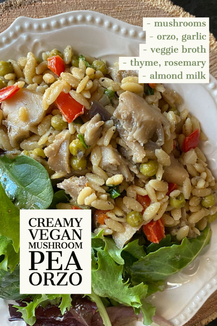 vegan mushroom and pea orzo in a dish with overlayed caption