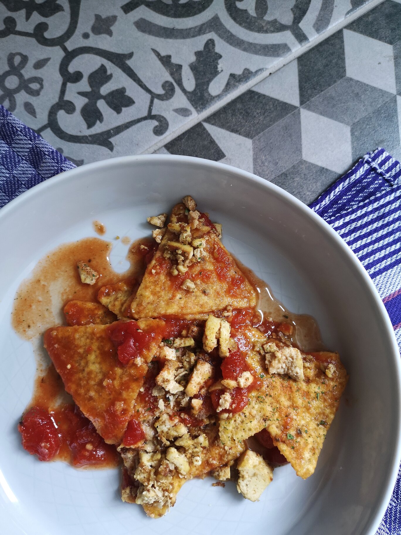 vegan tofu chilaquiles on a plate