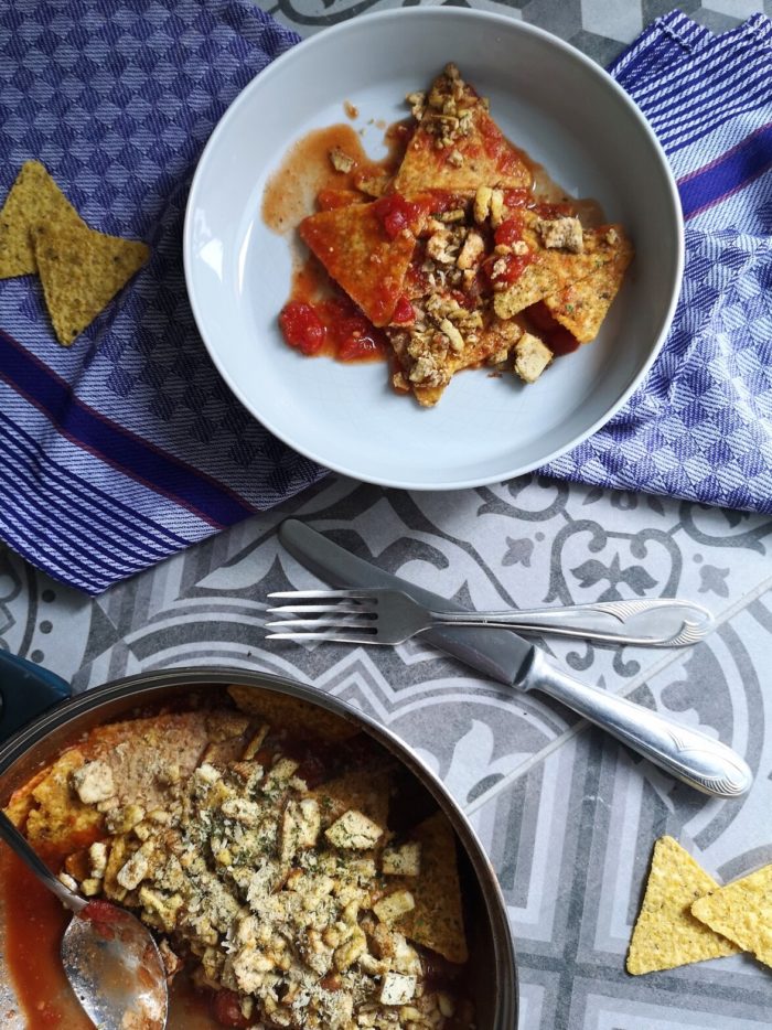 vegan tofu chilaquiles on a plate