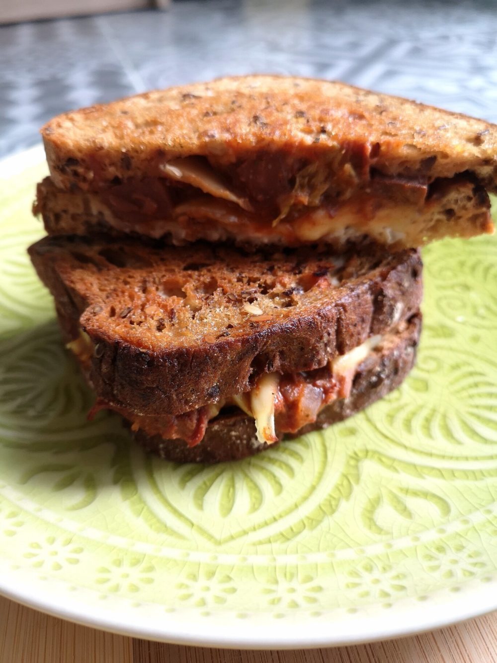 kimchi grilled cheese on a plate