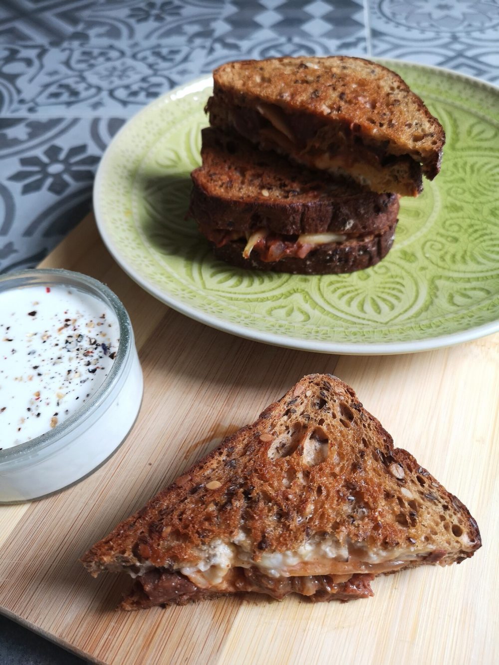 kimchi grilled cheese on a plate