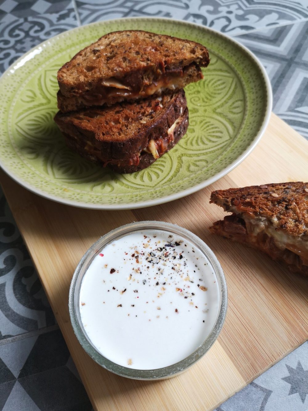 kimchi grilled cheese on a plate