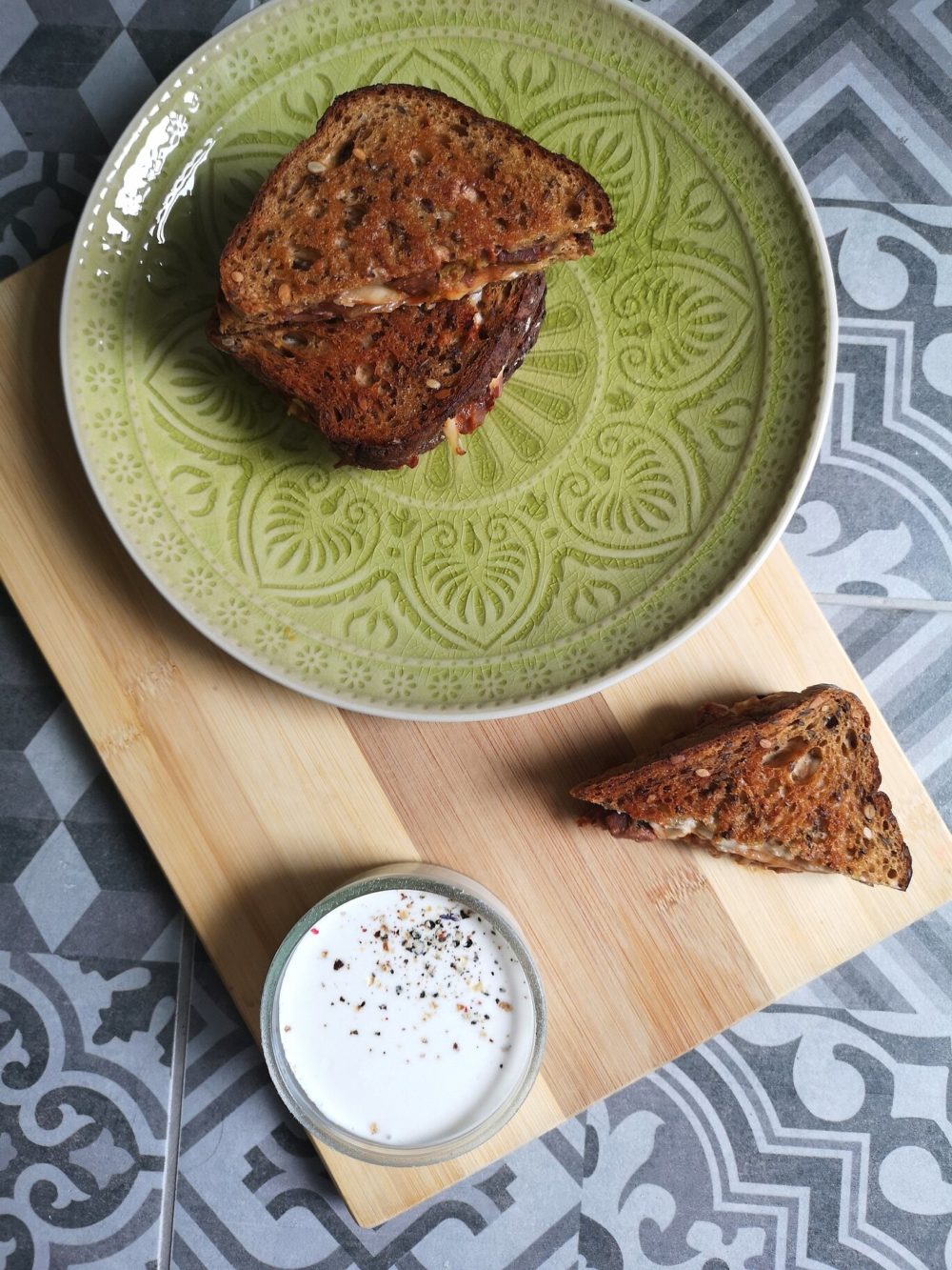 kimchi grilled cheese on a plate