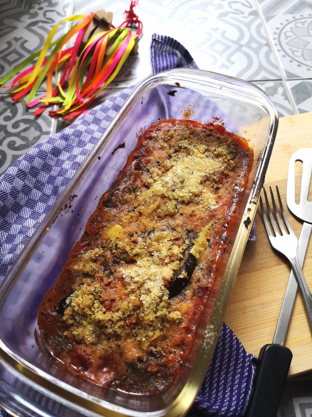 vegan eggplant parmesan in a baking dish