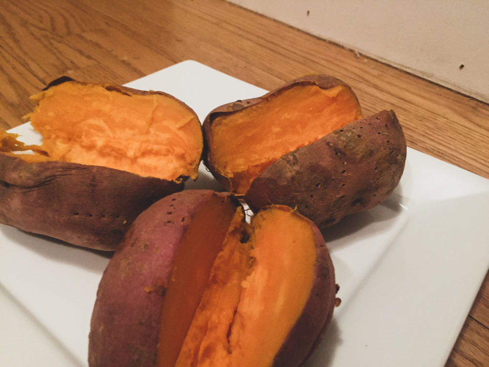 baked sweet potatoes, cut in half