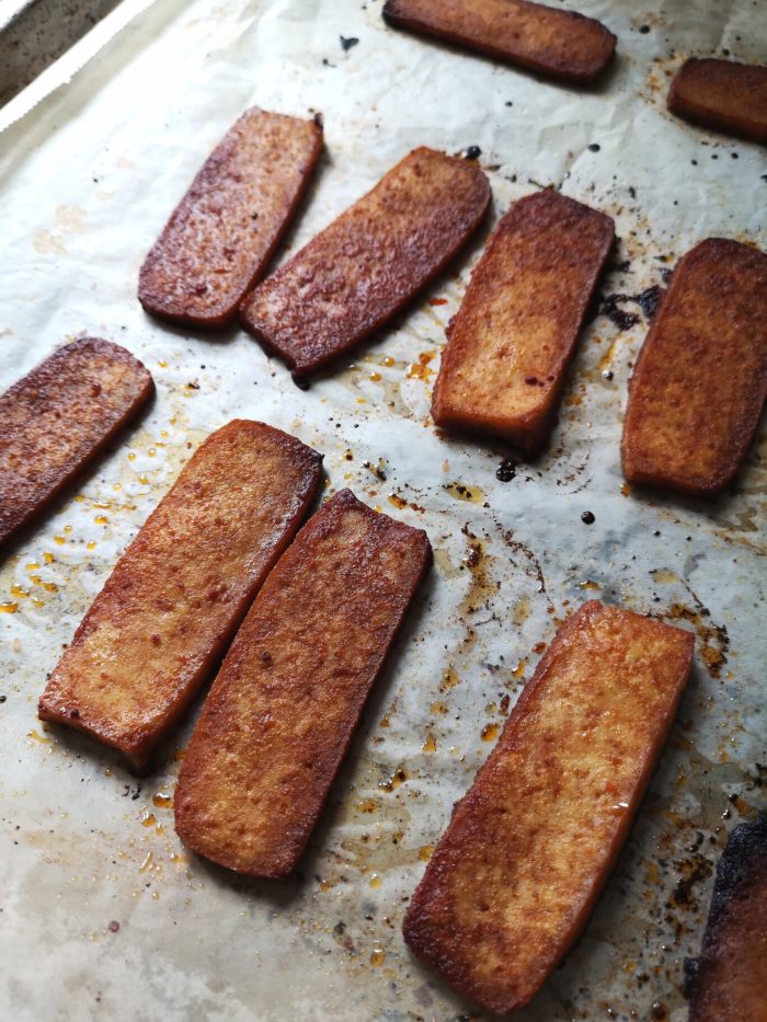 tofu bacon on a cooking tray