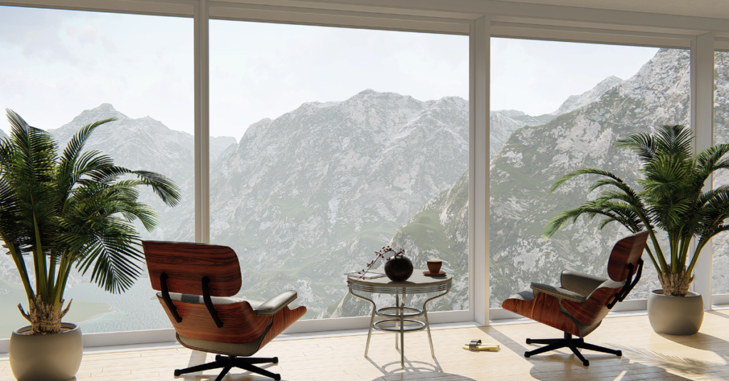 mountain view interior design with plants- photo by pixabay