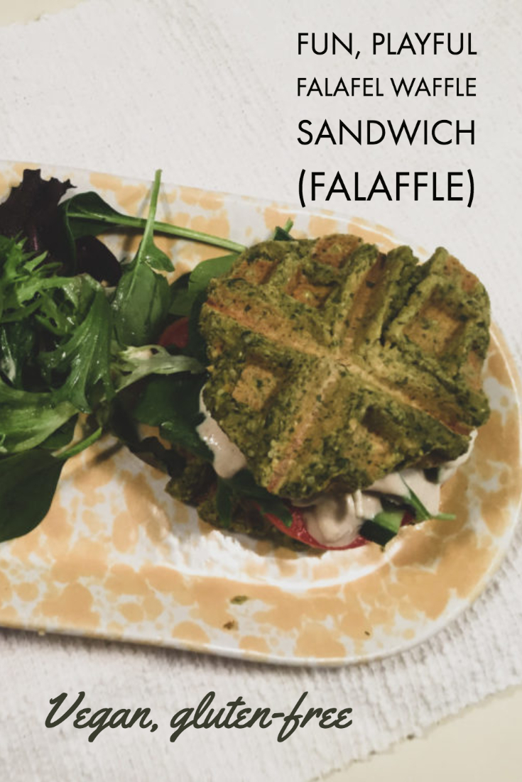 falafel waffle on a plate with overlayed caption