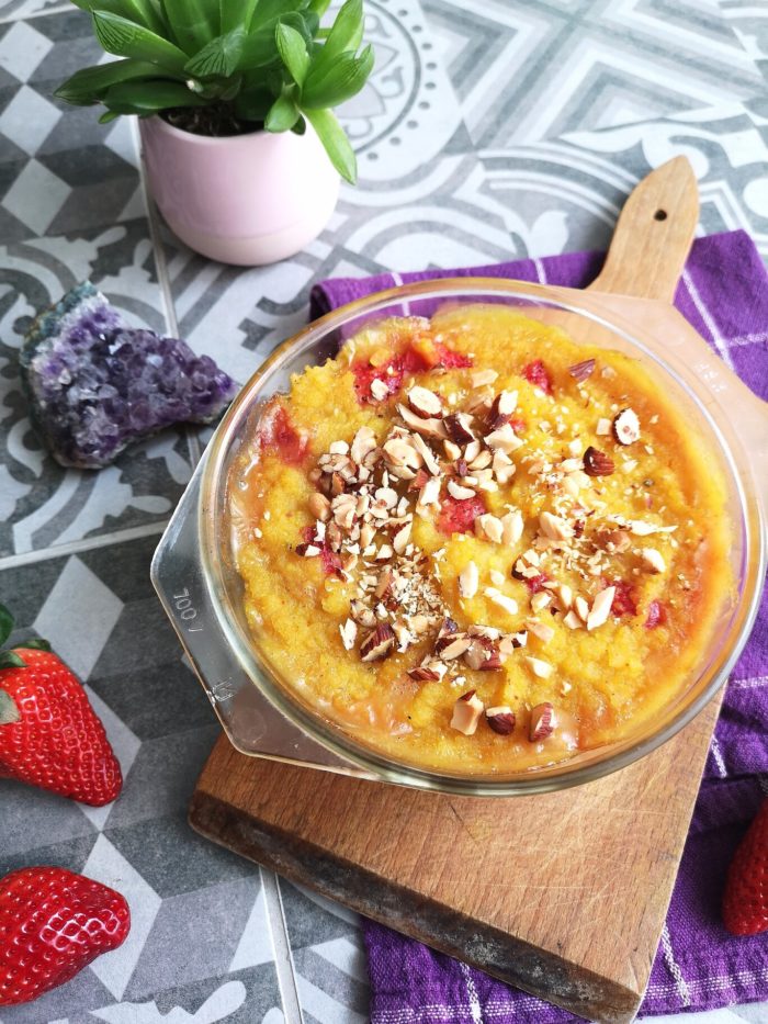 rice pudding in a clear dish on a table