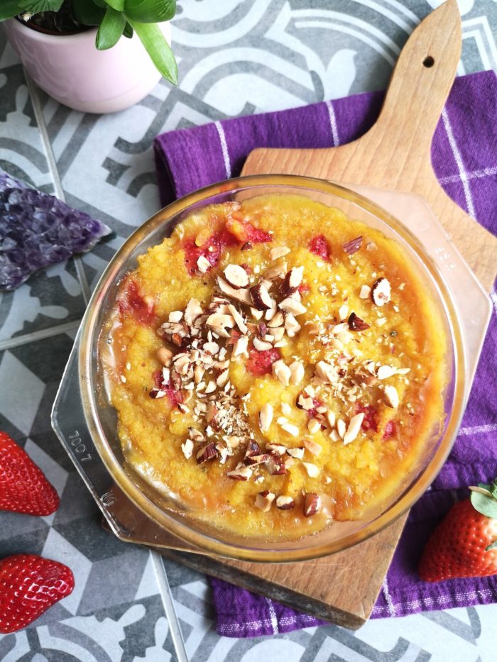 rice pudding in a clear dish on a table