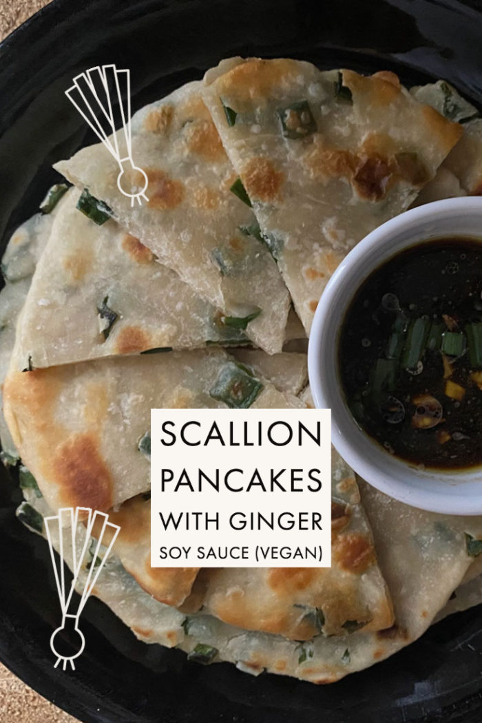 scallion pancakes with ginger soy sauce with caption