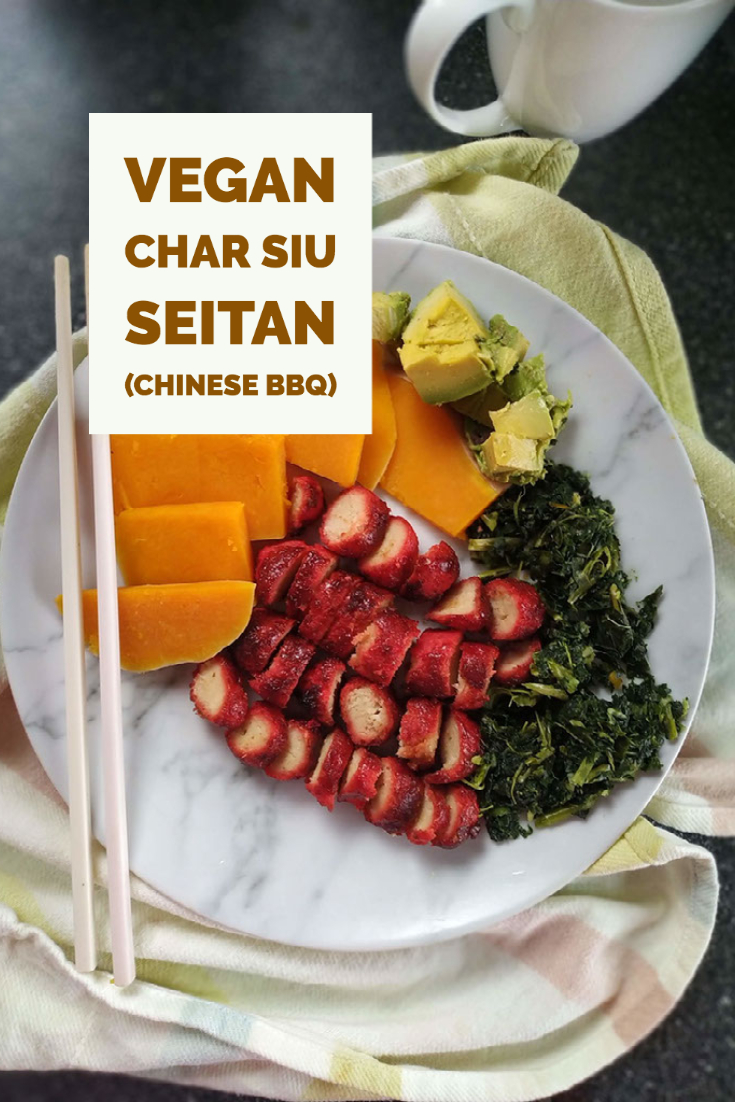 vegan char siu seitan on a plate with overlayed caption