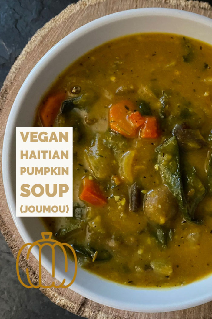 vegan haitian pumpkin soup with overlayed caption