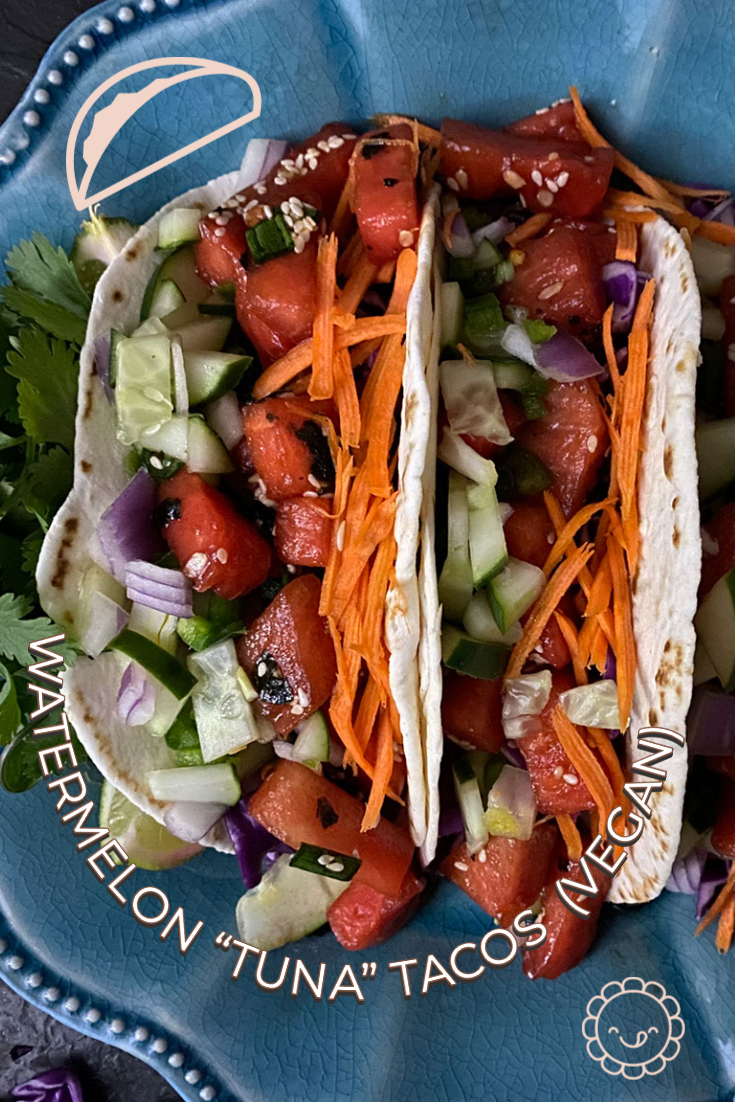 vegan tuna tacos on a blue plate with caption