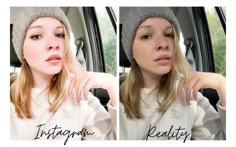 edited versus unedited photo of girl in a beanie