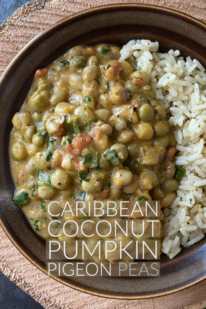caribbean coconut pumpkin pigeon peas with rice in a brown bowl with caption