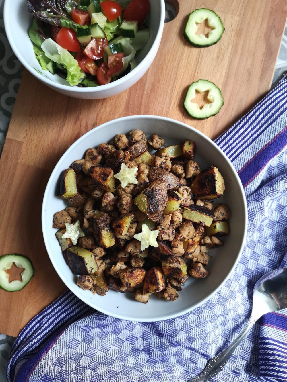 vegan brasov small stake in bowls on a cutting board with a blue towel