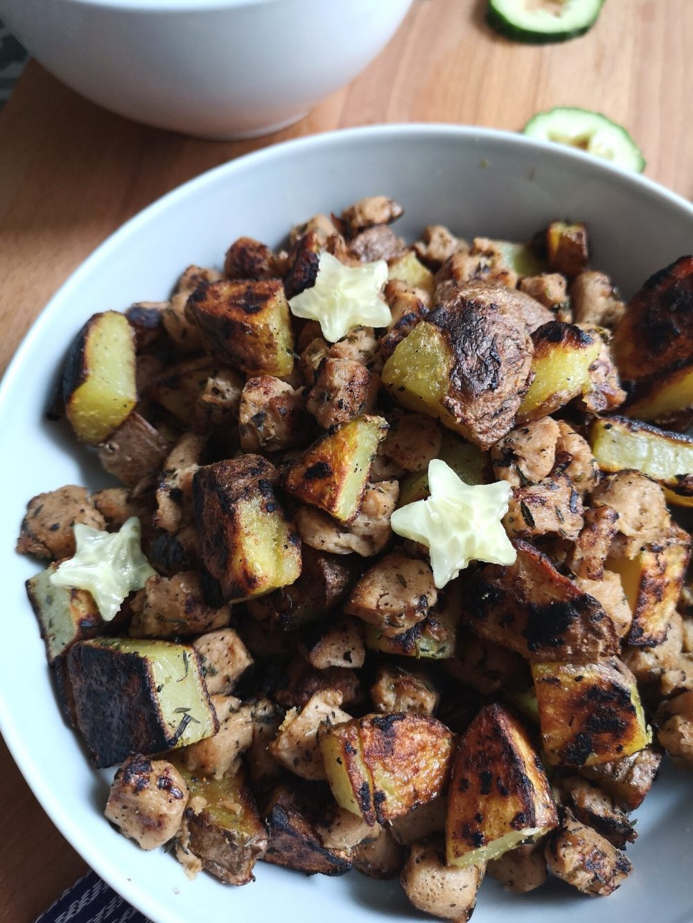 vegan brasov small stake in a bowl on a cutting board