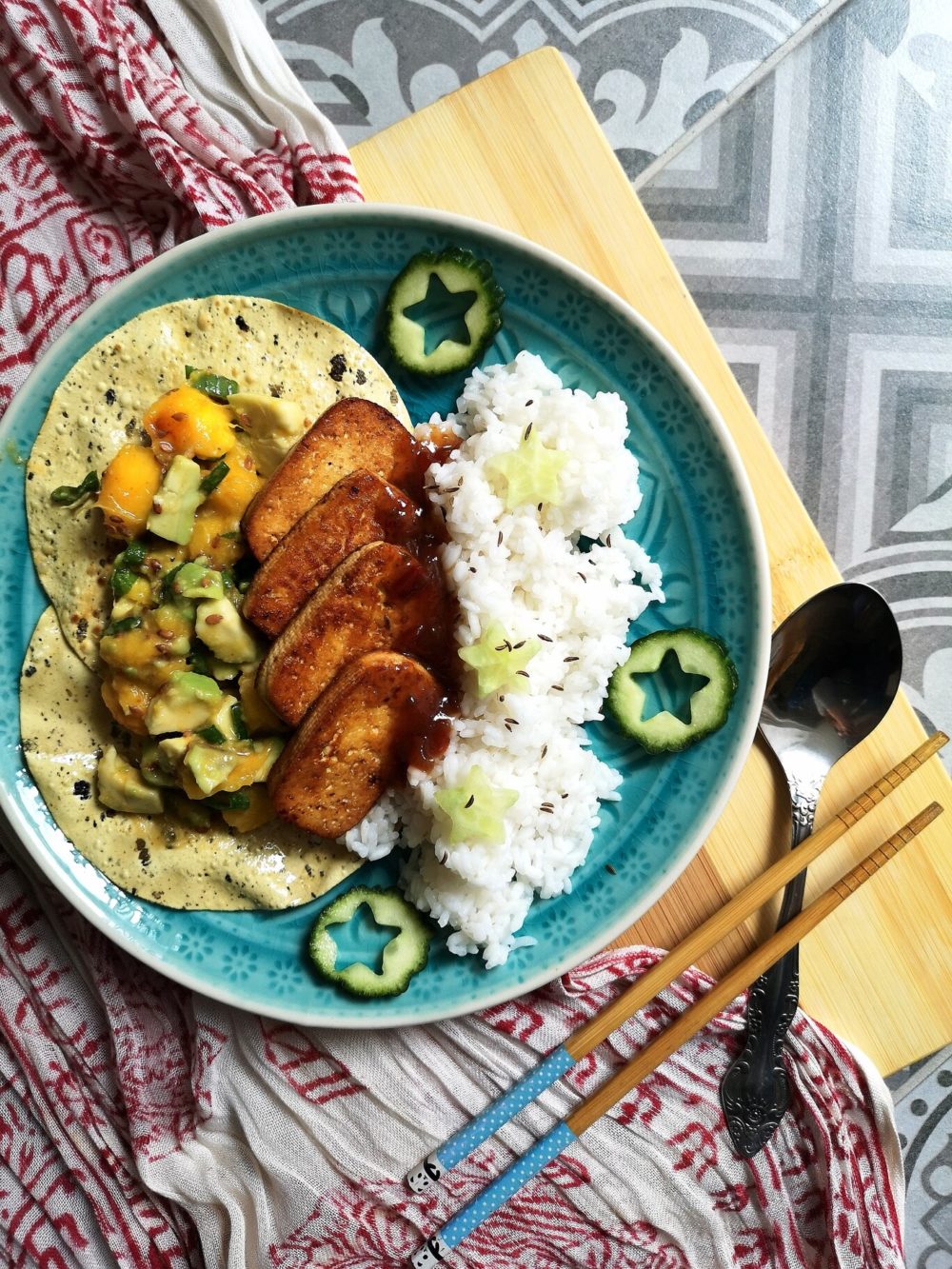 mango avocado ceviche on a blue plate