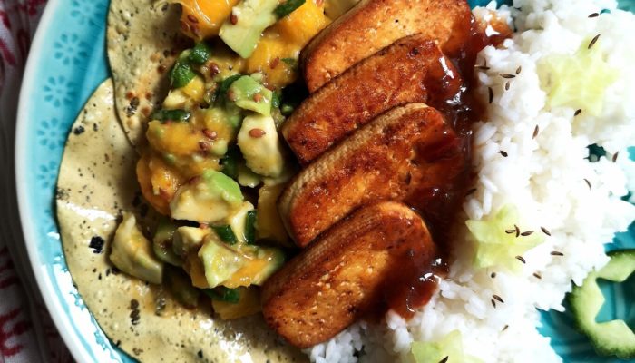 mango avocado ceviche on a blue plate