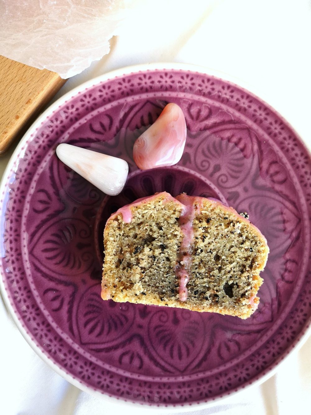 vegan earl grey almond yogurt marble cake on a purple plate