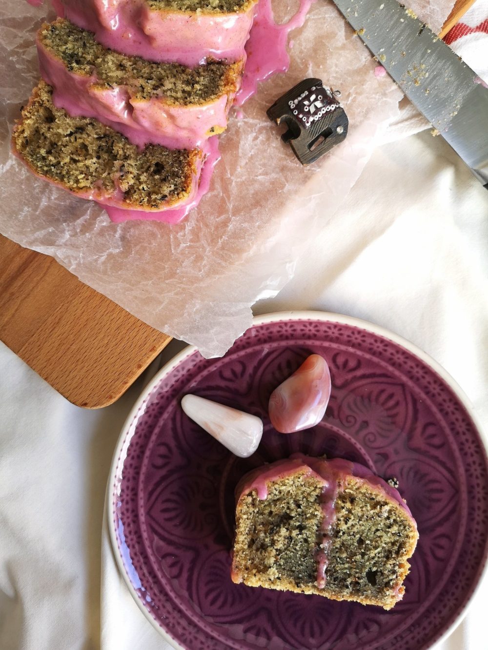 vegan earl grey almond yogurt marble cake on a purple plate