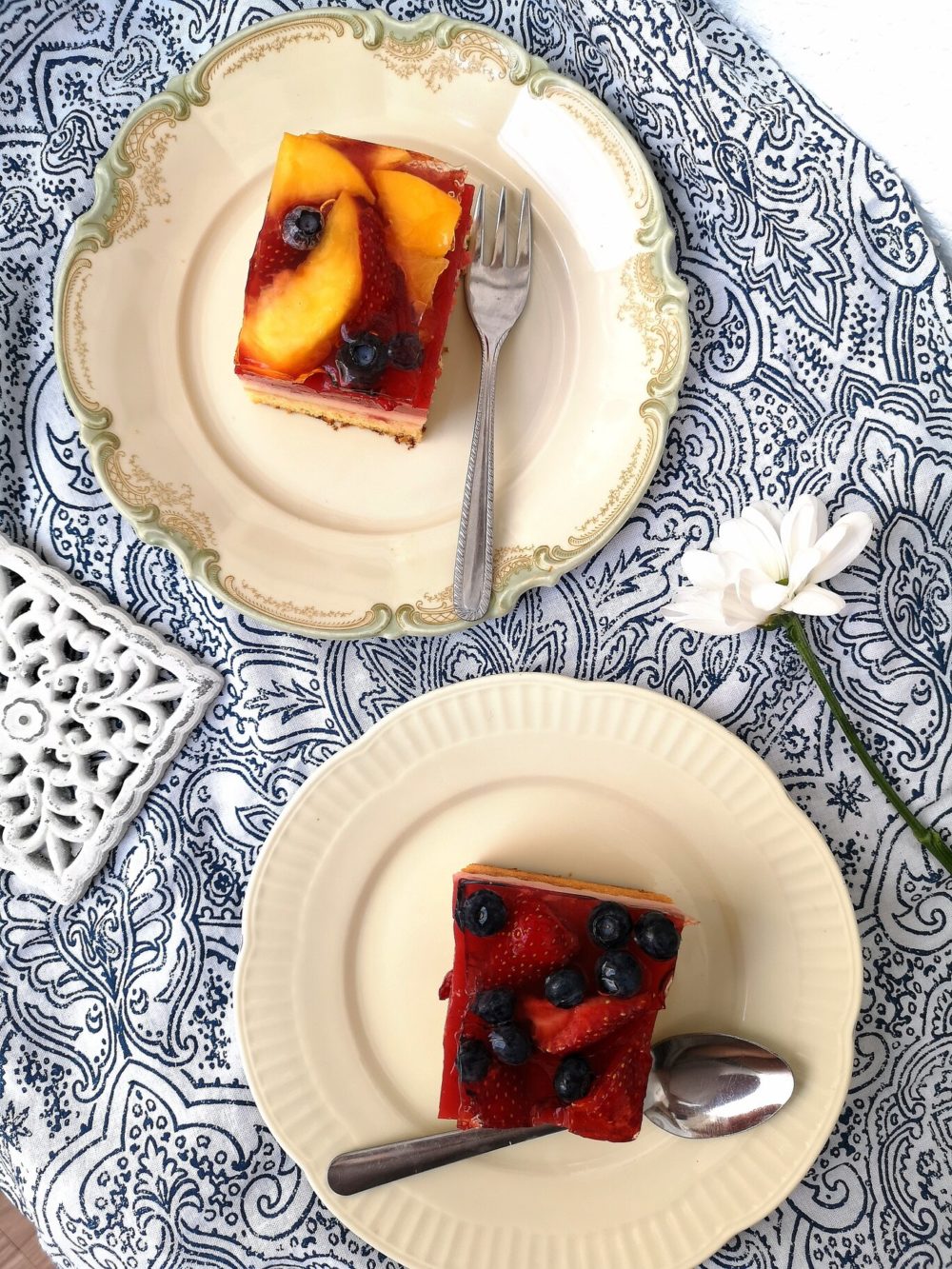 summer fruit cake bars on a white plate with a fork