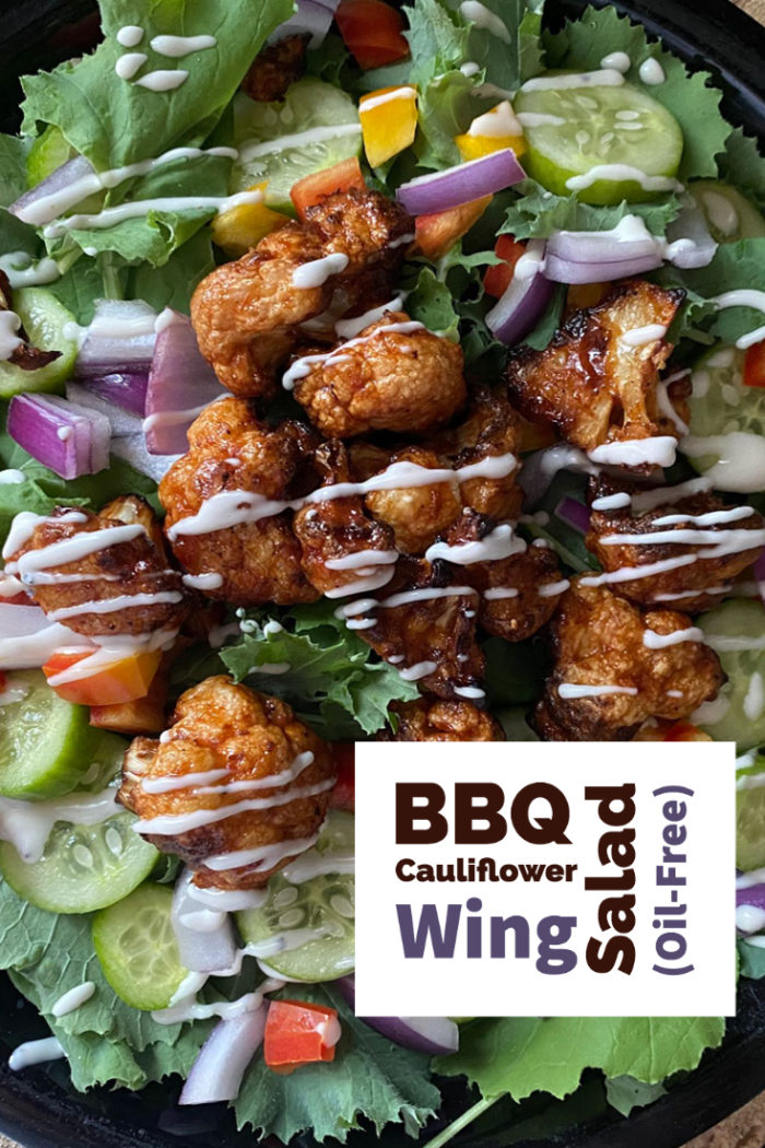 BBQ cauliflower wing salad with overlayed caption