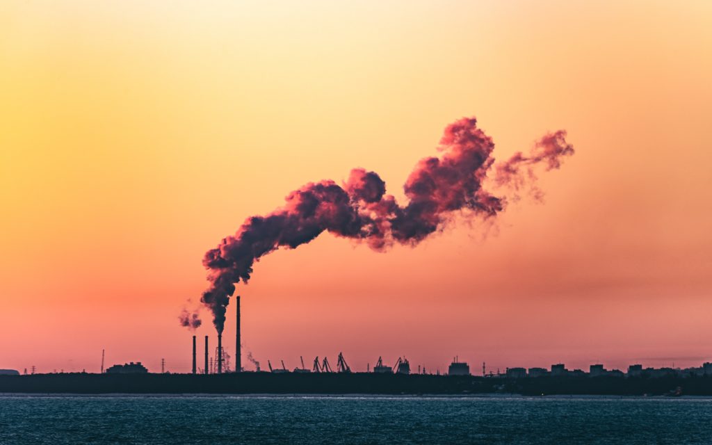 Coal plant against a sunset in Gdansk, Poland