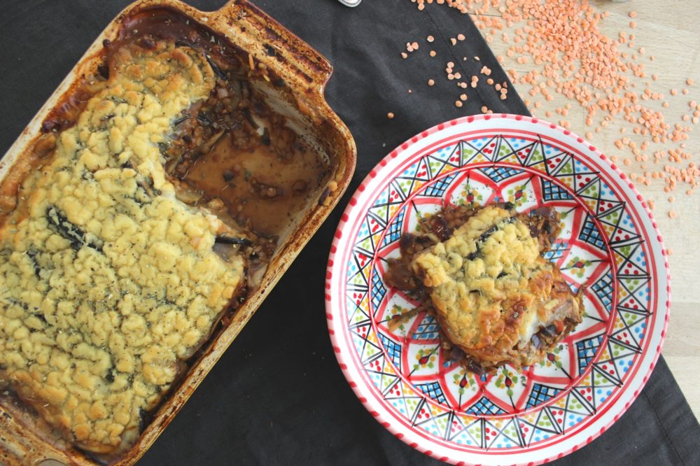 moussaka on a plate and in a pan