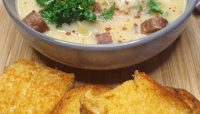 vegan potato sausage soup and bread